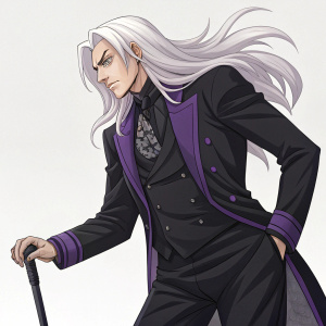 Detailed digital art of Leone Abbacchio from JoJo's Bizarre Adventure. Long white hair flowing, intense gaze, black suit with purple trim, holding cane. Plain background