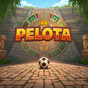Digital illustration for a mobile soccer game. Vibrant colors, stone-like Mayan design, ball on the ground. Advertises 'Pelota'