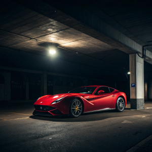 A red Ferrari F12 Berlinetta parked in a dark, underground garage. A single spotlight illuminates the car, casting dramatic shadows and highlighting its sleek, aerodynamic shape.