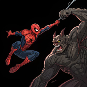 Digital illustration: Spider-Man battles a fierce, muscular demon. Spider-Man is depicted leaping high, showcasing his agility and strength. The demon's intense expression and imposing physique create a dramatic contrast. The stark black background highlights the vivid action and heightens the tension.