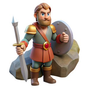 Russian epic hero Ilya Muromets detailed with a sword near a huge stone against 