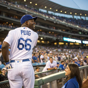 Yasiel Puig, wearing his LA Dodgers uniform, name 'PUIG' on the back, number '66' on the jersey, poses for a fan photo at a stadium. Crowd in the background.