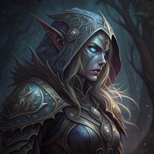 Digital painting of Sylvanas Windrunner. Detailed armor and intricate patterns. Dark background, glowing blue eyes.