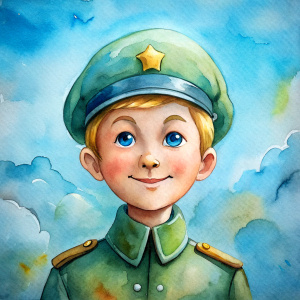 a little defender of the fatherland in military uniform smiles against the background of a clear blue sky