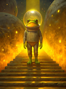 frog in space suit with glass helmet on staires fantasy picture