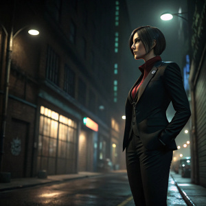 Ada Wong, dressed in a tailored black suit, intense gaze, standing alone in a dimly lit alley at night. The cityscape is blurred behind her.