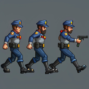 Create a sprite sheet animation to animate the legs of one character. police character with a gun in his hand