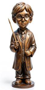 A bronze statue of a cute slender young guy in glasses wearing Gryffindor uniform, holding a magic wand in his right hand