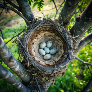 hnest with eggs on a tree. View from above