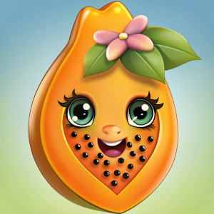 una papaya partida a la mitad con ojos, sonriendo y un collar y aretes y maquillada con un moñito
