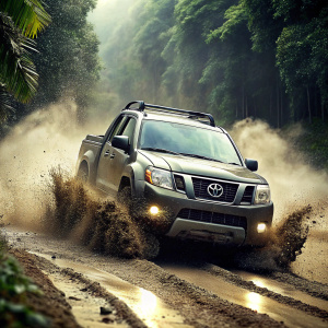 A modified Nissan Navara truck sped through a muddy patch on a jungle road at high speed.