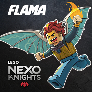 Character from Lego Nexo Knights, mid-jump pose. Expressive face, fierce look. Body design includes wing-like feature. Background is black with white text 'FLAMA' and Lego Nexo Knights logo.