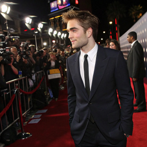 Robert Pattinson at a Hollywood premiere. Dark suit, white shirt, black tie. Crowded red carpet.