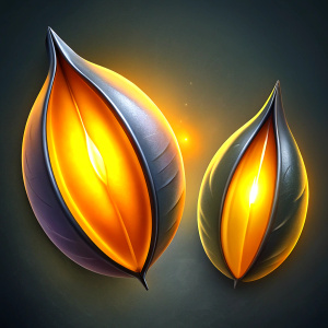 Two seeds obligue to opposite  side by side, the right seed is smaller bright yellow and the left seed is bigger and dark-grey