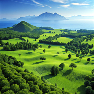wide green land with mountains and trees and a deep blue sea