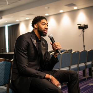Anthony Davis, NBA star, in a press conference room. Wearing a sleek black suit and holding a mic.