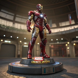 3D render of a massive Iron Man statue, detailed and high-resolution. Marvel Cinematic Universe logo and 'Marvel' brand name prominently displayed on circular platform.