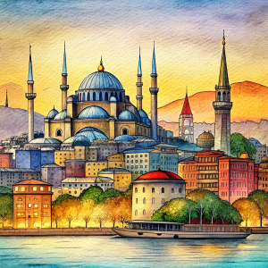 Please make a drawing of the unique skyline of Istanbul. Important buildings and symbols on the shores of the Bosphorus should be included in this drawing.