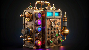 Gothic steampunk Phone with bronze buttons, gothic aesthetic, biomechanics, large brightly colored digital panel, dark vapor background