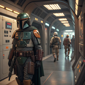 Boba Fett, in full armor, standing in a bustling spaceship corridor. Crew members pass by, busy with tasks.