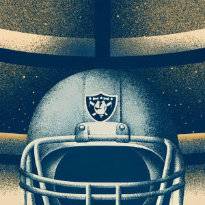 Vintage Oakland Raiders logo. Helmet in foreground, logo prominently displayed. Modern design.