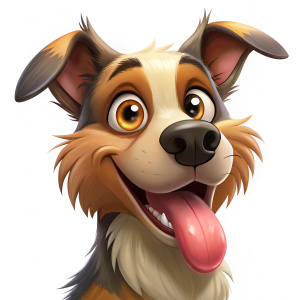 HEAD SHOT, a crazy  funny cartoon dog BITING A TENNIS BALL looking at me   , looking at me,   head only tongue lolling out, panting one ear up, the other floppy, plain white background
