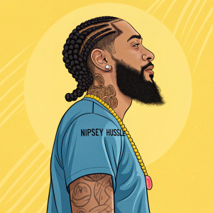 Digital illustration of Nipsey Hussle, featuring cartoon style with intricate focus on his beard and tattooed word. Set against a vibrant yellow backdrop.