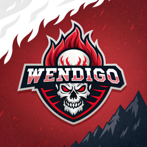 Wendigo logo designed in a fierce skull-like style with the text in a bold, stylized font. The background features a dramatic red and white color scheme with flames adding a fiery edge.