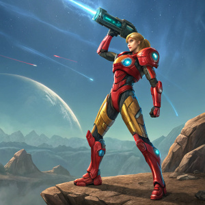Video game cover art featuring Samus Aran from Metroid: Samus Returns. She is standing on a rocky terrain. Bright colors include red and blue