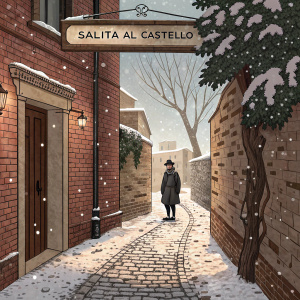 A quaint alleyway in a historic city, lined with brick walls and a sign that reads 'SALITA AL CASTELLO'. The alley is lightly dusted with snow. In the background, a person dressed in dark clothing stands quietly.
