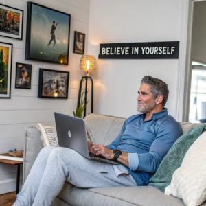 Grant Cardone, a renowned motivational speaker, sitting on a cozy couch with a laptop. The room is decorated with inspirational posters. Wearing a casual, blue shirt and grey sweatpants. Quote: 'Believe in yourself.'