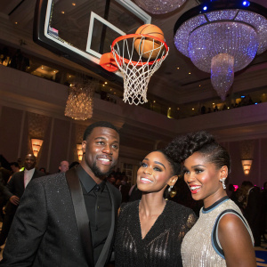 Kevin Hart, Janelle Monae, and Eniko Parrish at an NBA All-Star party. Ballroom setting with modern chandeliers and basketball hoop centerpiece.