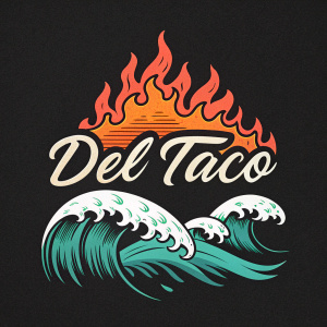 Del Taco's reimagined logo. Bold flame motif, waves, and cursive text design on a sleek dark background