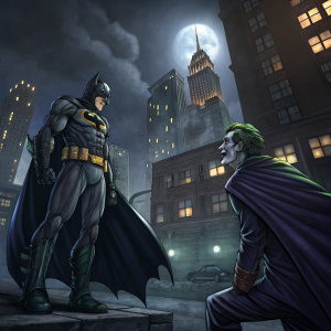 Promotional art for Batman: Arkham Asylum. Gotham City at night, dark and moody. Batman and Joker in dramatic poses. Vibrant colors, exaggerated designs, comic book style