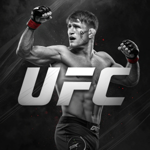 Drew Dober, an MMA fighter, posing shirtless. Bruised face, flexing his muscles. Dark background with UFC logo in front.