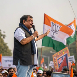 Nitin Gadkari in casual attire at a political rally. Clear shot with enthusiastic supporters visible in the background