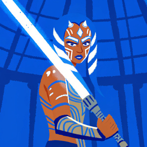 Digital illustration of Darth Talon, Twi'lek from Star Wars universe. Dark environment with geometric patterns. Red markings, fierce expression