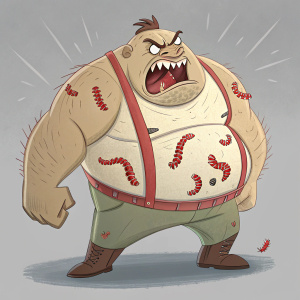 A grotesque cartoon character with bulging muscles and an angry face, its stomach swarming with tiny red worms. Gray, featureless backdrop.