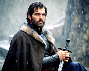 henry cavill, scarred, with short black hair and beard in greek armour holding sword, fur  red cloak sitting in rain, facing front
