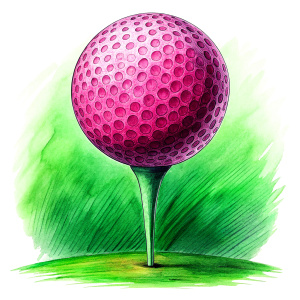 hot pink golf ball on a green golf tee, white background