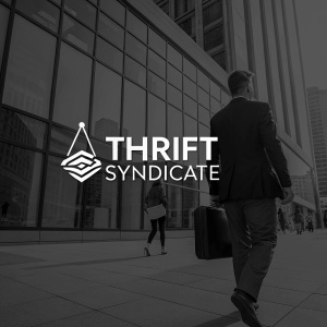 Modern logo design. Thrift Syndicate, sleek white text on a black background.