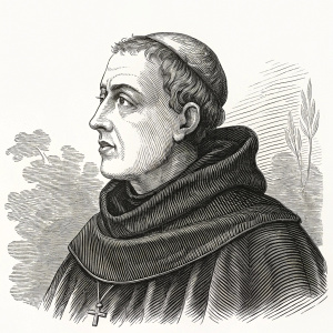 A detailed woodcut engraving of Abraham a Sancta Clara, a Baroque era Catholic priest. Depicted with a solemn, reflective expression. Wearing traditional priest robes.