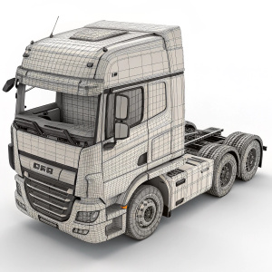 Detailed 3D model of a DAF CF truck, featuring intricate wireframe design highlighting structural elements.