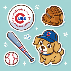 Stickers set for Chicago Cubs fans. Features baseball, mascot, glove, bat, and cute puppy. Fun, cartoonish style.