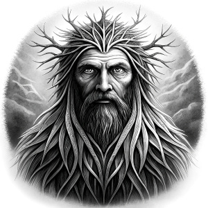 Nordic Mimir - Guard the Source of Tree Yggdrasilr high-definition design grey and black, realistic tattoo design, white background