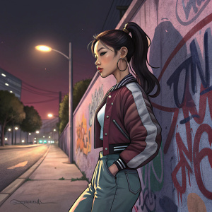 A young woman, reminiscent of Jennie Kim, with dark hair in a ponytail. Stands against a graffiti wall with bold text. Urban, night-time setting