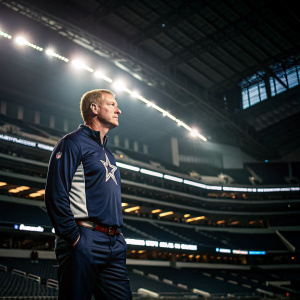 Jason Garrett, NFL coach, dressed in Dallas Cowboys jersey. The stadium lights create a dramatic effect. Indoor arena with sparse audience.
