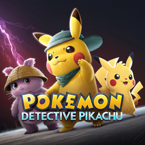 Dynamic illustration of Pikachu and friends from the Pokémon universe. Dark background with vibrant colors. Prominent display of the movie title 'Pokémon Detective Pikachu' at the bottom.