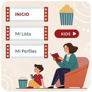 Infografía de Netflix en español. Sección Inicio: Series, Películas, Tendencia, Recomendaciones para ti, Novedades. Sección Mi lista: Mis series, Mis películas, Para continuar, Mis favoritos. Sección Kids: Series infantiles, Películas infantiles, Recomendaciones para niños, Novedades infantiles. Sección Mi perfiles: Perfiles personales, Configuración de perfiles, Recomendaciones personalizadas. Color de fondo oscuro con texto blanco.