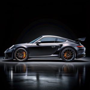 black Porsche 911 GT3 RS, side view, black background